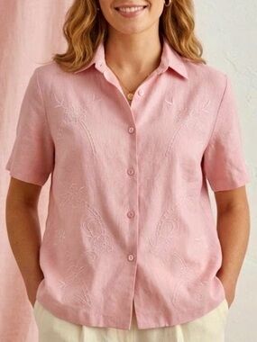NWT!Anna Maxwell Pink Linen Blend Embroidered Button Down Collar Top Size 3X